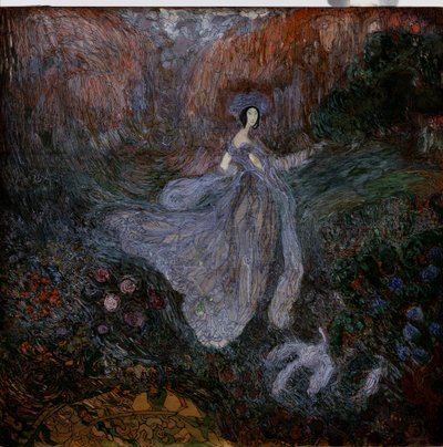 Por la mañana. Una mujer con velo camina hacia un pájaro en el suelo en un jardín de flores. Obra de Vasili Dmitrievich Millioti (1875-1943), acuarela, gouache y tinta sobre papel de Vasili Dmitrievich Millioti