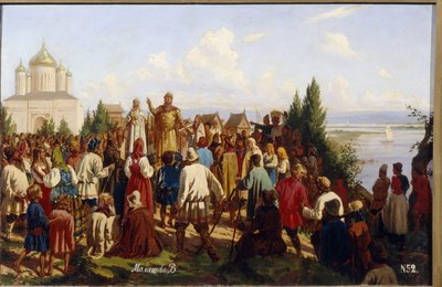 El Gran Príncipe de Novgorod y Kyiv, Yaroslav I Vladimirovich, conocido como el Sabio (978-1054), promulga el primer código legal Russkaya Pravda en 1019. (El Gran Príncipe Yaroslav I El Sabio promulga el Primer Código de Leyes Russkaya Pravda en 1019) . p de Vasili Georgievich Malyschev