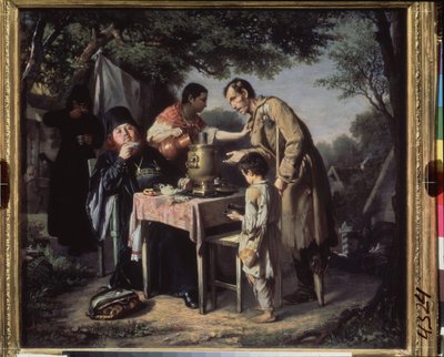 Tomando té en Mytishchi (Mytischi), cerca de Moscú (monjes ortodoxos tomando té en un jardín, un lisiado y un niño miserable pidiendo limosna, empujados por un criado) Pintura de Vasili (Vassili) Grigorievich Perov (1834-1882), óleo sobre lienzo de Vasili Grigorevich Perov