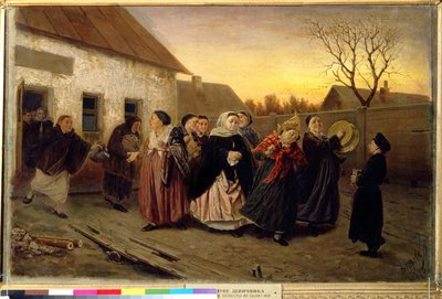 Costumbre rusa: procesión de mujeres que salen de una casa bailando y cantando en la víspera de una boda (Fiesta de la víspera de la boda en una casa de baños). Pintura de Vasili (Vasili) Grigoryevich Perov (1834-1882) de Vasili Grigorevich Perov