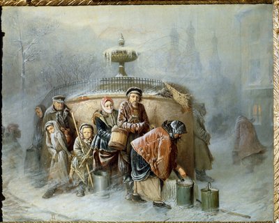La Cola En La Fuente. En pleno invierno, los habitantes de la ciudad esperan su turno, entre el viento frío y la niebla, para llenar su balde de agua potable. Pintura de Vasili (Vasili) Grigoryevich Perov (1834-1882), óleo de Vasili Grigorevich Perov