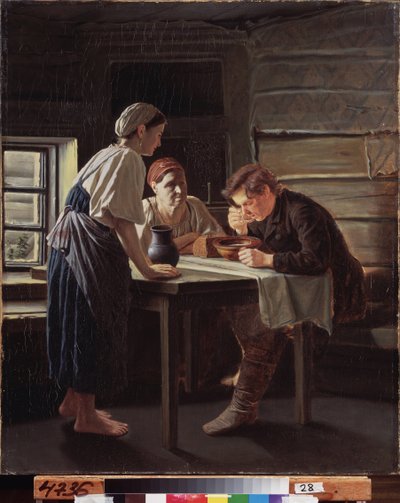 La recepción del peregrino. Pintura de Vasili (Vassili) Grigorievich Perov (1834-1882), óleo sobre lienzo de Vasili Grigorevich Perov