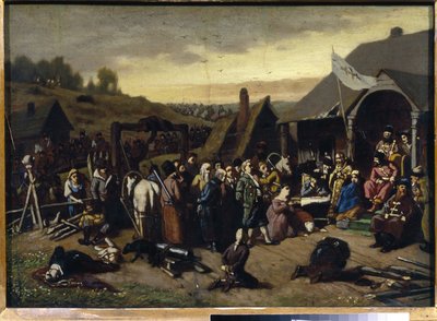 El juicio de Emelian Ivanovitch Pugachev (Iemelian o Emilien Pougatchov) (1742-1775) (El juicio de Pugachev). Después de la represión de la guerra de los campesinos rusos (1773-1775) (Jackson de los cosacos de Yaik). Pintura de Vasili (Vasili) Grigoryevi de Vasili Grigorevich Perov