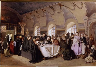 Un almuerzo en el monasterio (Una comida en el monasterio). En el rico refectorio de un monasterio ortodoxo, los monjes se sientan y almuerzan con opulencia (pescado, fruta, vino), mientras leen la Biblia. Los visitantes desdeñosos están invitados a j de Vasili Grigorevich Perov