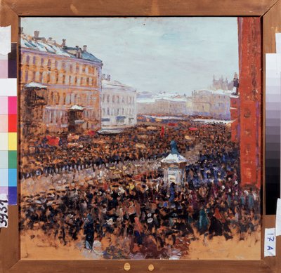Manifestation revolutionnaire a Moscou en 1917 (Manifestación revolucionaria en Moscú en 1917). Episodio de la revolución proletaria bolchevique en las calles de la capital rusa. Pintura de Vasili Nikitich Meshkov (Vassili Mechkov) (1868-1946), óleo de Vasili Meschkov