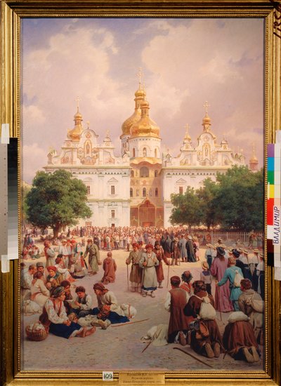 Devant le monastere des Caves a Kiev (Ucrania) (Ante el monasterio de las cuevas de Kiev) - Peinture de Vasili Petrovich Vereshchagin (Vassili Verechtchaguine) (1835-1909), huile sur toile de Vasili Petrovich Vereschagin