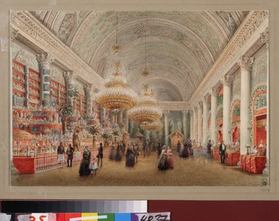 Bazar benéfico en el salón de banquetes del Palacio Yusupov en San Petersburgo. Obra de Vasily Semyonovich Sadovnikov (1800-1879), acuarela sobre papel. arte ruso de Vasili Semenovich Sadovnikov