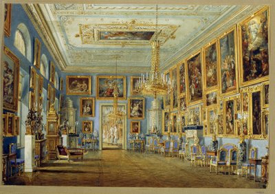 La galería de arte del Palacio Yusupov (Palacio Moika) en San Petersburgo. (La Galería de Arte en el Palacio Yusupov en San Petersburgo). Obra de Vasily Semyonovich Sadovnikov (1800-1879), acuarela sobre papel. arte ruso de Vasili Semenovich Sadovnikov