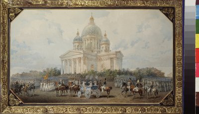 El desfile frente a la Catedral de San Isaac en San Petersburgo. Obra de Vasily Semyonovich Sadovnikov (1800-1879), acuarela sobre papel de Vasili Semenovich Sadovnikov