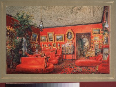 El Salón Rojo del Palacio Yusupov en San Petersburgo. Obra de Vasily Semyonovich Sadovnikov (1800-1879), acuarela sobre papel. arte ruso de Vasili Semenovich Sadovnikov
