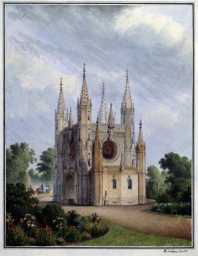 La iglesia gótica de Peterhof (Rusia). Obra de Vasily Semyonovich Sadovnikov (1800-1879), acuarela sobre papel, entre 1830-1840. arte ruso de Vasili Semenovich Sadovnikov