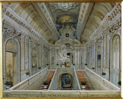 La escalera principal del Palacio Yusupov (Palacio Moika) en San Petersburgo. (La escalera principal del Palacio Yusupov en San Petersburgo). Obra de Vasily Semyonovich Sadovnikov (1800-1879), acuarela sobre papel. arte ruso de Vasili Semenovich Sadovnikov