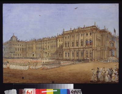 Revista Militar en el Palacio de Invierno de San Petersburgo. Obra de Vasily Semyonovich Sadovnikov (1800-1879), acuarela sobre papel, hacia 1840. Arte ruso de Vasili Semenovich Sadovnikov