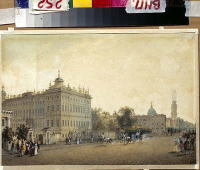 San Petersburgo. El Palacio Anichkov. (San Petersburgo. El Palacio Anichkov). Obra de Vasily Semyonovich Sadovnikov (1800-1879), acuarela sobre papel, hacia 1830. Arte ruso de Vasili Semenovich Sadovnikov
