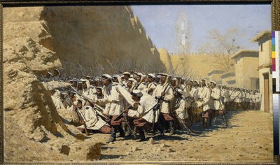 ¡A las fortificaciones, déjenlas entrar! (reunión de las tropas antes de la batalla) (En los muros de la fortaleza; ¡Déjenlos entrar!) - Pintura de Vasili Vasilyevich Vereshchagin (Vereshchagin) (1842-1904), óleo sobre lienzo (95x160,5 cm) de Vasili Vasilievich Vereshchagin