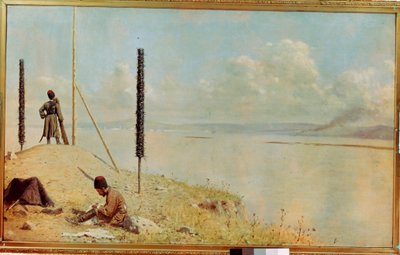 ""El centinela en el Danubio, Ucrania"" Guardia cosaca en el delta del Danubio - (Piquete en el Danubio) Pintura de Vasili Vasilyevich Vereshchagin (Vassili Vereshchagin) (1842-1904) Óleo sobre lienzo 1878-1879 Dim 120x200 cm Museo de Rusia Arte, Kiev de Vasili Vasilievich Vereshchagin