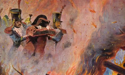 Soldados guían a Napoleón Bonaparte a través del fuego en Moscú (litografía en color) de Vasili Vasilievich Vereshchagin