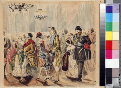 Baile de la alta sociedad par Baranov, Vasili Venediktovich (1792-1836), Primer cuarto del siglo XIX - Acuarela sobre papel - Museo Estatal Lermontov de Tarkhany de Vasili Venediktovich Baranov