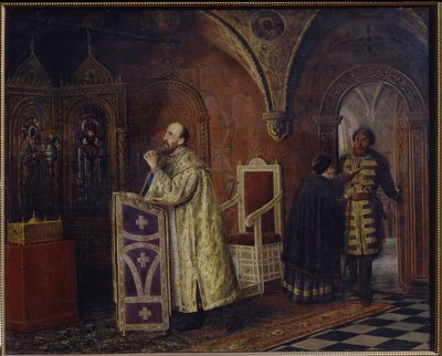 El zar Iván IV el Terrible (1530-1584) orando (El zar Iván IV el Terrible orando). Pintura de Vasili Vladimirovich Pukirev (Vassili Poukirev) (1832-1890), óleo sobre lienzo de Vasili Vladimirovits Pukirev