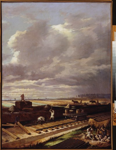 Trabajos de construcción en una línea ferroviaria - Pintura de Vasili Vladimirovich Pukirev (Vassili Poukirev) (1832-1890), óleo sobre lienzo de Vasili Vladimirovits Pukirev