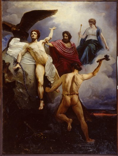 Vulcain enchainant Promethee (Vulcano encadenando a Prometeo). Pintura de Vasili Yevmenievich Savinsky (1859-1937), huile sur toile 1881. Museo de la Academia de Bellas Artes de San Petersburgo. de Vasili Yevmenievich Savinsky