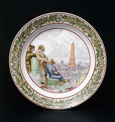 Un plato de porcelana de propaganda soviética, que representa a un soldado del Ejército Rojo, un trabajador y un campesino de Vasilii Timorev