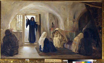 Triggering Tears of Joy (Una mujer joven radiante entra en una casa donde todos están sentados llorando y abatidos) (Dando paso a una alegría llorosa) - Pintura de Vasili Dmitrievich Polenov (1844-1927), óleo sobre lienzo (80x141 cm), 1899-1905 - Estado de Vasilij Dmitrievich Polenov