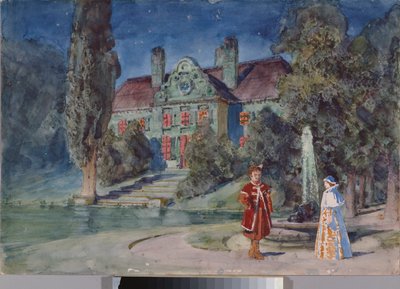 Decoración preparatoria, un jardín frente a una casa, para la ópera ""Boris Godounov"" de Modeste Moussorgsky (1839-1881) - Escenografía para la ópera Boris Godunov de Modeste Musorgsky - Obra de Vasili Dmitrievich Polenov (1844-1927) , acuarela y gouache  de Vasilij Dmitrievich Polenov