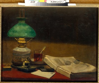 Naturaleza muerta (Libro, lámpara de escritorio, gafas y taza de té) de Vasilij Dmitrievich Polenov