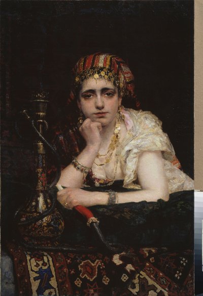 Una odalisca. (Retrato de mujer de harén, de mirada melancólica, sosteniendo un narguile). Pintura de Vasili Dmitrievich Polenov (1844-1927), óleo sobre lienzo. Arte ruso del siglo XIX, orientalismo. Museo Nacional de Arte de la República Bielorrusa, Minsk de Vasilij Dmitrievich Polenov