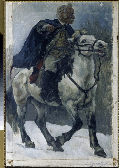 Alexander Suvorov (1729-1800) a caballo. (Alexander Suvorov a caballo). Se describe al héroe ruso cruzando los Alpes, al frente de las tropas rusas, durante la campaña de Italia (1799-1800). Pintura de Vasilli Ivanovich Surikov (Vasily Surik de Vasilij Ivanovic Surikov