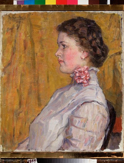 Retrato de mujer sobre fondo amarillo (Retrato femenino sobre fondo amarillo) - Pintura de Vasilli Ivanovich Surikov (Vasily Surikov o Vassili Surikow) (1848-1916), óleo sobre lienzo de Vasilij Ivanovic Surikov