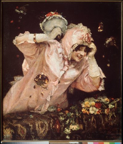 Escena de carnaval en Roma (Italia) (Una mujer joven apoyada en un balcón, recibiendo y lanzando ramos de flores) - Escena de carnaval en Roma - Pintura de Vasilli Ivanovich Surikov (Vasily Surikov o Vassili Surikow) (1848-1916), óleo sobre Web de Vasilij Ivanovic Surikov