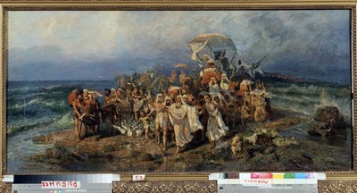 Los israelitas cruzando el Mar Rojo. Episodio del éxodo a la tierra de Israel del pueblo judío, huyendo de la esclavitud y de los ejércitos del Faraón de Egipto. Pintura de Vasili (Vasili, Vasilii, Wilhelm) Alexandrovich Kotar de Vasily Alexandrovich Kotarbinsky