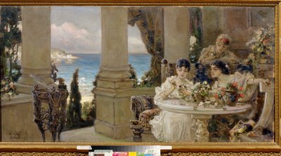 Sur la terrasse - Peinture de Vassili (Vasili, Vasilii, Wilhelm) Alexandrovich Kotarbinsky (Kotarbinski, Kotarbinskii) (1849-1921), huile sur toile - En la terraza, Óleo sobre lienzo de Vasilii Alexandrovich Kotarbinsky - Museo Regional de Arte, Kirovohrad de Vasily Alexandrovich Kotarbinsky