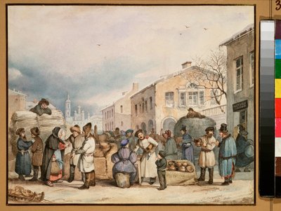 El mercado del heno en San Petersburgo - Obra de Vasili Ivanovich Shternberg (1818-1845), acuarela sobre papel de Vasily Ivanovich Sternberg