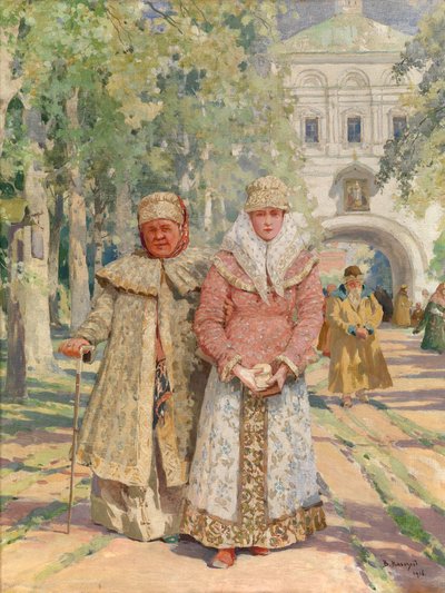 Fuera de la puerta del monasterio - Pintura de Vasili Ivanovich Navozov (1862-1919), óleo sobre lienzo (49x41,5 cm) de Vasily Ivanovich Navozov