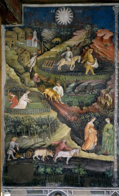 Abril: arado y siembra de campos. Escena de agricultura con arado, rastra y herramientas agrícolas en el campo. de Venceslao Maestro