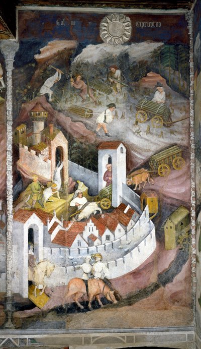 Diciembre: los leñadores recogen la madera y la llevan a la ciudad de Trento donde se representan la muralla y el castillo de Buonconsiglio. de Venceslao Maestro