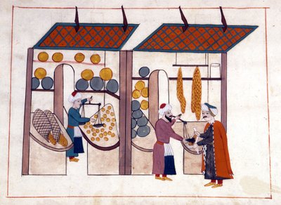 Un comerciante de frutas y verduras (cuatro estaciones) en Constantinopla, Turquía bajo el Imperio Otomano. Miniatura de “Memorias Turcas” (códice Cicogna 1971 “Memorie Turchesche”). de Venetian School