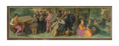 Un concierto pastoral, con figuras elegantes tocando una cítara, un clavicordio, un violín, un cornetto, un trombón y un violonchelo de Venetian School