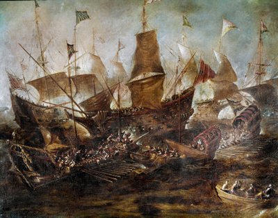Batalla entre las flotas veneciana y turca. Pintura de la escuela veneciana. Siglo XVII. Estambul, Museo Naval de Venetian School
