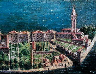 Jardín junto a la Iglesia del Redentor, detalle de vista aérea de Venecia, pintura de la escuela veneciana, Italia de Venetian School