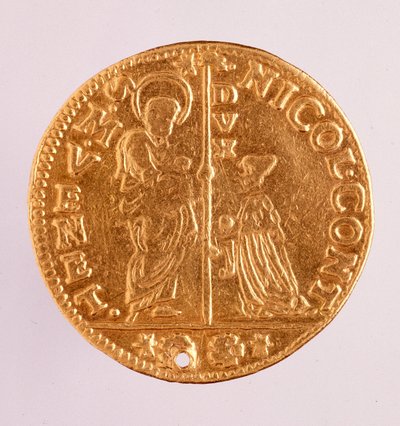 Moneda de oro (zecchino o sequin) de la República de Venecia: reinado del dogo Nicolo Contarini de Venetian School