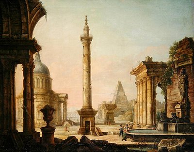 Vista imaginaria con monumento de columna de Venetian School