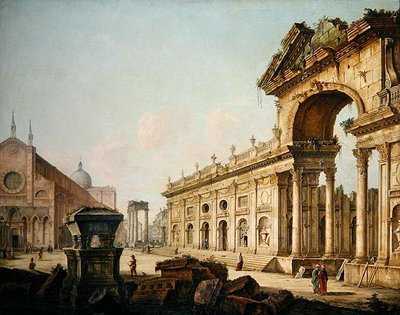 Vista imaginaria con arco triunfal de Venetian School