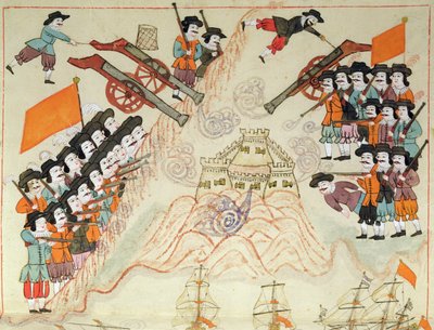 Miniatura de las Memorie Turchesche que representa a los venecianos y sus aliados recapturando la fortaleza en Limnos de los turcos otomanos de Venetian School