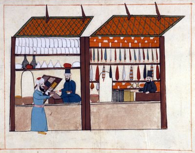 Tiendas (mercader de especias) en Constantinopla, Turquía bajo el Imperio Otomano. Miniatura de 