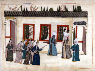 El sultán visita a la favorita con la madre y el jefe de los eunucos. Miniatura de “Memorias Turcas” (códice Cicogna 1971 “Memorie Turchesche”) Acuarela de la escuela veneciana del siglo XVII. de Venetian School