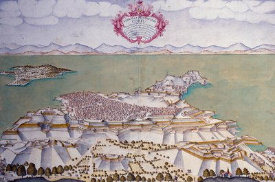 Plano de la ciudad de Corfú con sus fortificaciones, archivo estatal veneciano de Venetian School